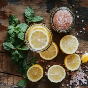 pink salt and lemon detox drink ingredients flat lay